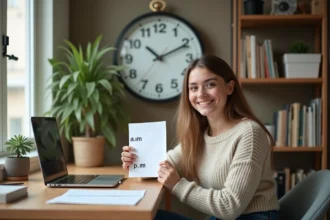 Jeune femme souriante dans un bureau moderne avec horloge bilingue