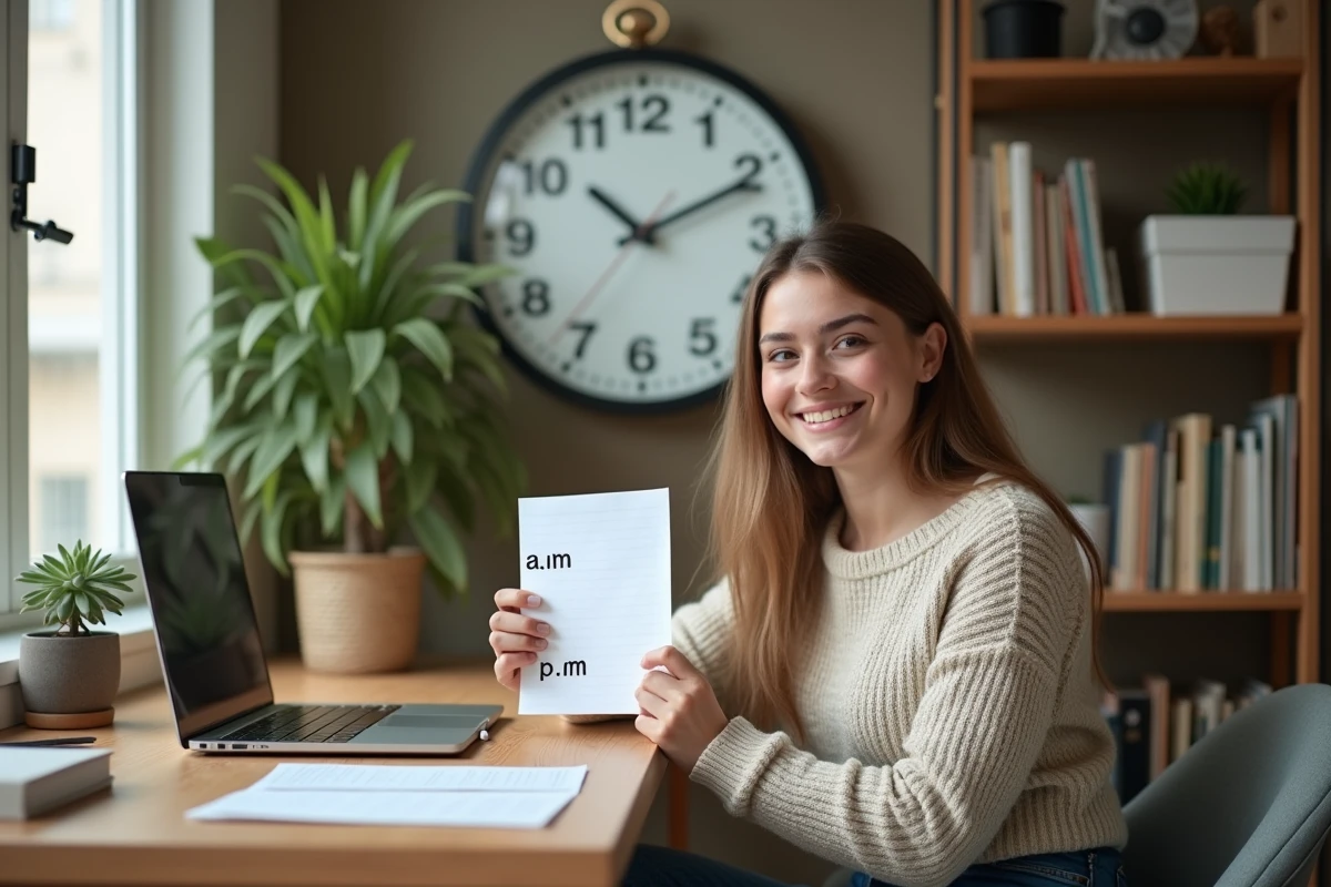 Jeune femme souriante dans un bureau moderne avec horloge bilingue