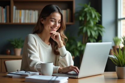 Femme assise à un bureau moderne avec ordinateur et plantes