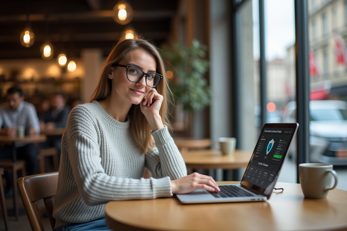 Femme au café utilisant son ordinateur avec un antivirus ouvert