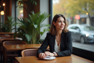 Femme pensant dans un café urbain cosy