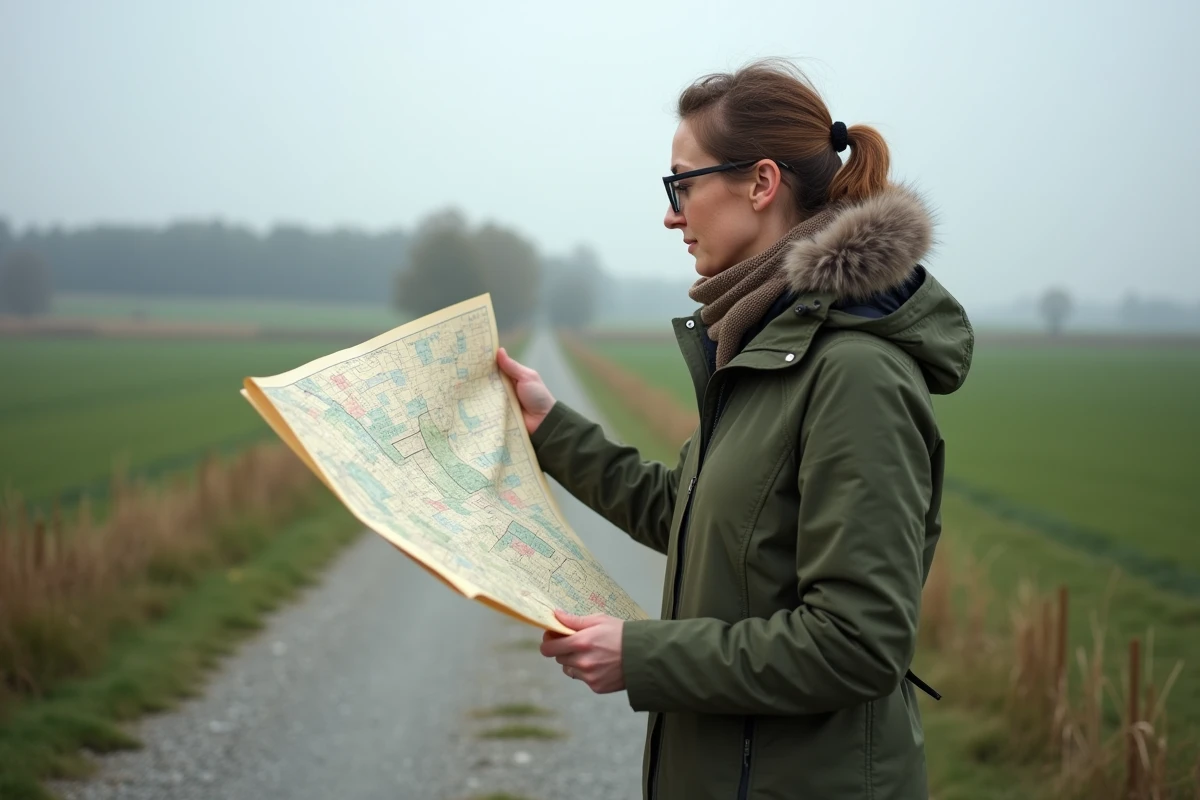 Femme consultant une carte foncière allemande en plein air dans un paysage rural