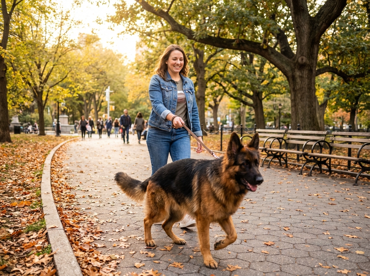 Une femme promène son chien dans un parc