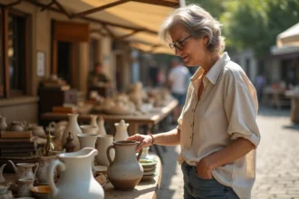 Femme chinant une cruche en céramique ancienne sur un vide-grenier en Moselle lors d'un marché brocante en plein air