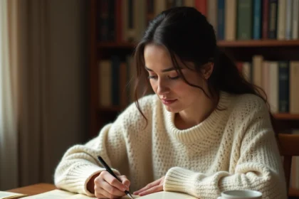 Femme écrivant des citations dans un carnet entouré de livres ouverts sur un bureau en bois