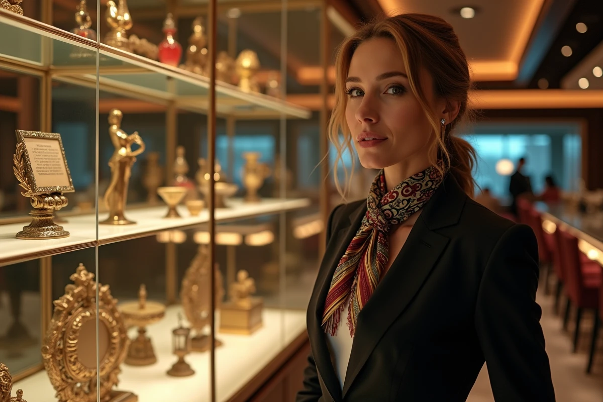 Femme confiante devant un display de pièces Monopoly rares