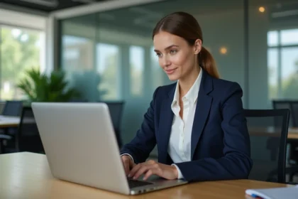 Jeune femme en réunion vidéo dans un bureau moderne