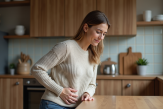 Femme assise à la table de cuisine avec expression pensif