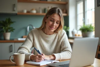 Femme organisée écrivant dans un planner dans une cuisine lumineuse