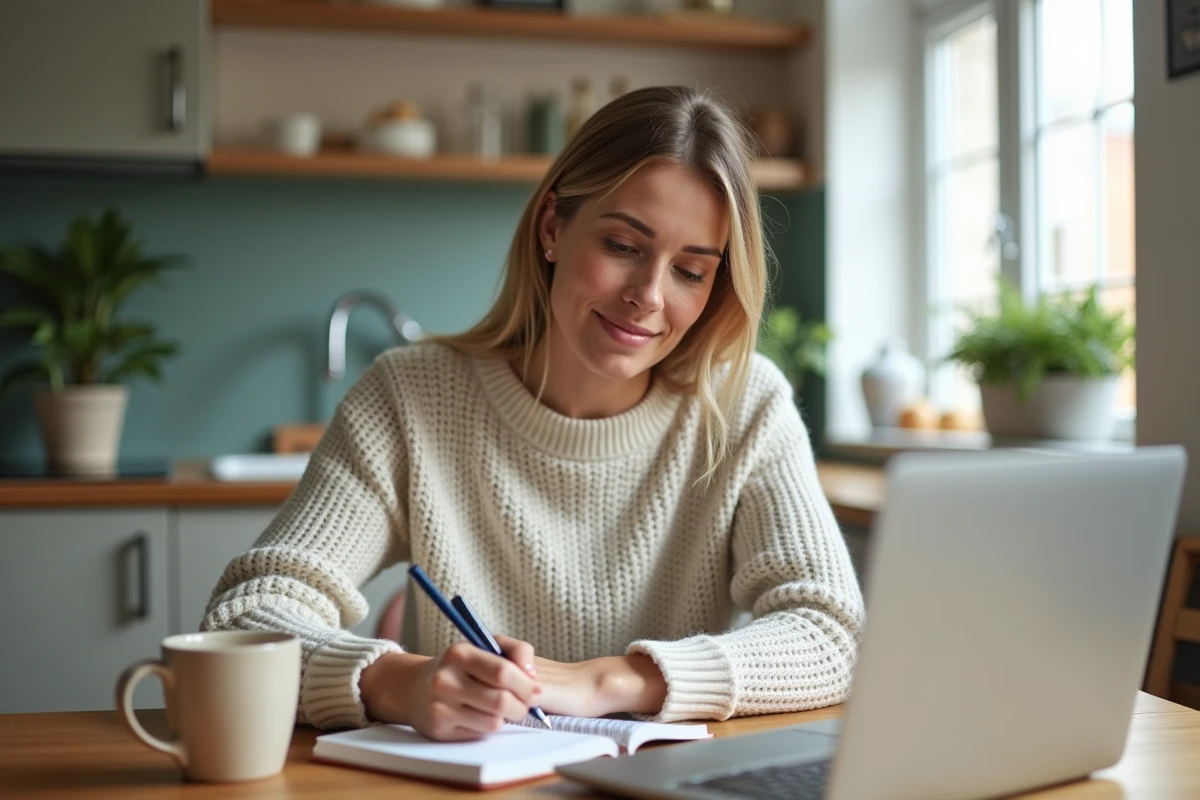 Femme organisée écrivant dans un planner dans une cuisine lumineuse