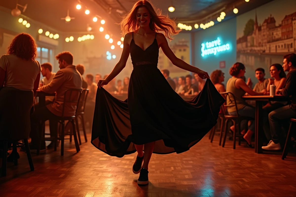 Femme en robe noire dansant dans un bar à Strasbourg