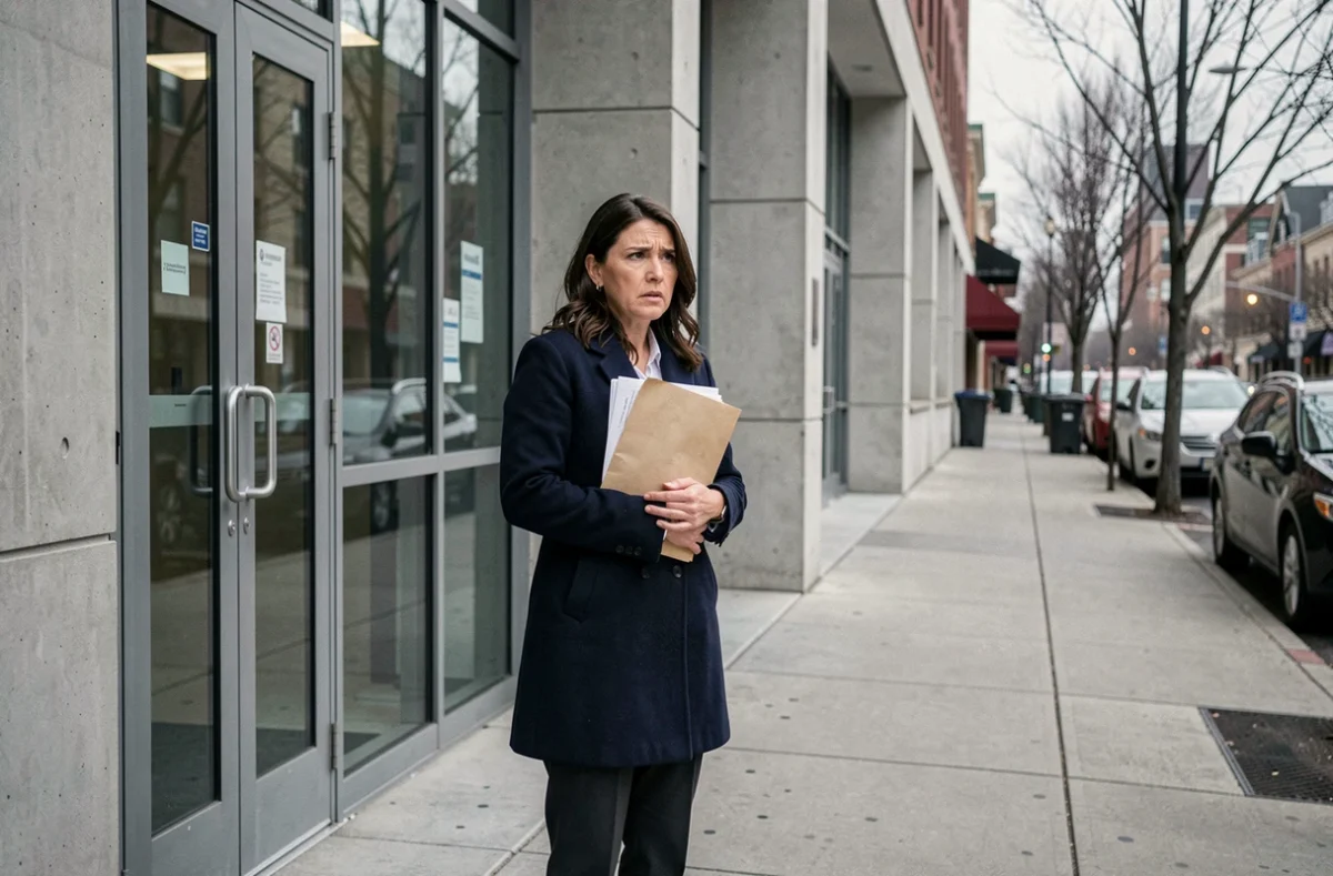 Femme tenant des documents judiciaires devant l'entrée d'un palais de justice lors d'une procédure pénale