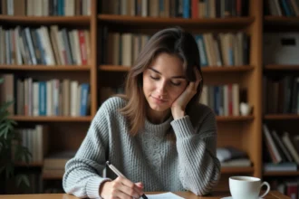 Femme concentrée qui écrit dans un cahier de grammaire française à son bureau à domicile