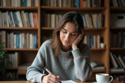 Femme concentrée qui écrit dans un cahier de grammaire française à son bureau à domicile