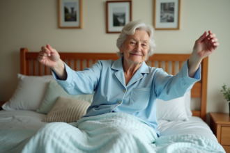 Femme âgée se réveillant paisiblement dans son lit