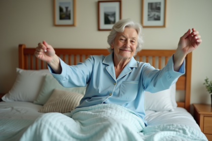 Femme âgée se réveillant paisiblement dans son lit