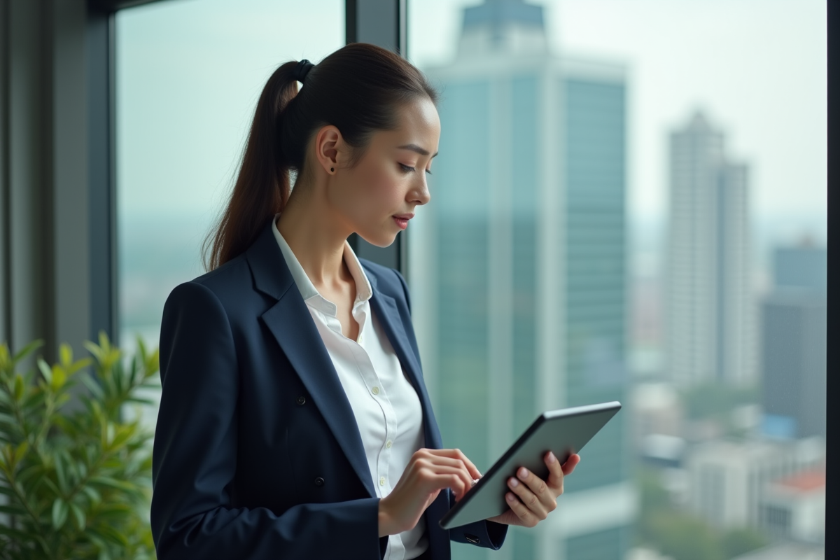 Femme entrepreneure regardant son tablet dans un bureau en hauteur