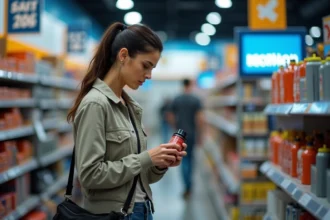 Femme examinant un spray de sécurité en magasin sportif