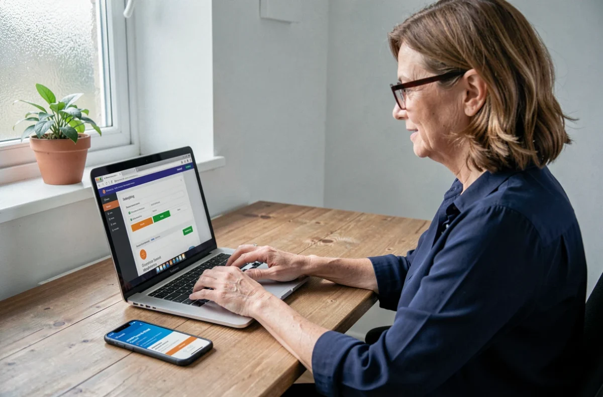 Femme gérant ses abonnements Freebox et bouquets payants sur ordinateur portable à domicile
