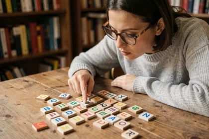 Femme concentrée jouant à un jeu de lettres type 4 images 1 mot sur une table en bois avec des tuiles colorées