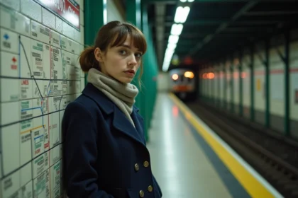 Jeune femme lisant une carte du métro Paris la nuit