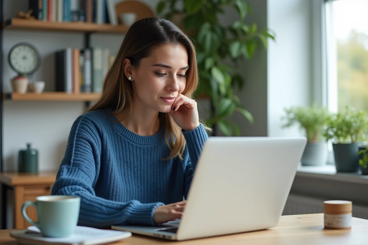 Femme en bleu vérifiant un colis sur son ordinateur à la maison