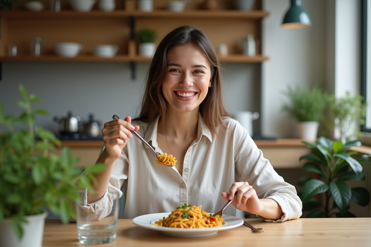 Jeune femme dégustant un plat de pâtes complètes aux légumes
