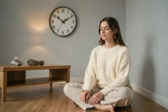 Femme méditant devant une horloge affichant 22h55, symbolisant la signification spirituelle de cette heure miroir pour les flammes jumelles