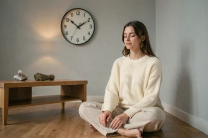 Femme méditant devant une horloge affichant 22h55, symbolisant la signification spirituelle de cette heure miroir pour les flammes jumelles