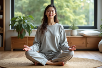 Femme méditant paisiblement dans un salon lumineux