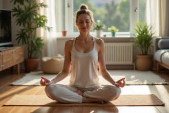Femme méditant en yoga dans un salon lumineux et calme