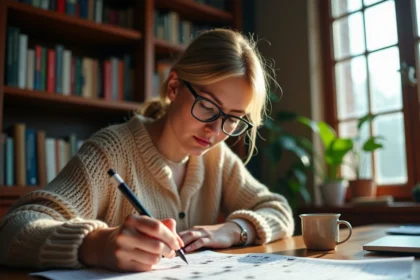 Femme concentrée remplissant une grille de mots croisés à 9 lettres avec un stylo à son bureau