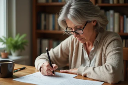 Femme d'âge moyen concentrée en train de remplir une grille de mots croisés à une table en bois avec un stylo bille noir