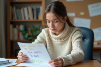 Jeune femme relisant une fiche de grammaire colorée à son bureau