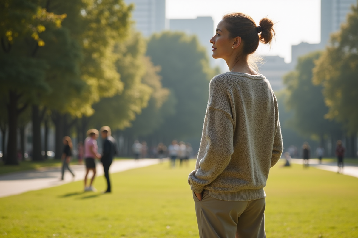 Femme relaxee dans un parc ensoleille