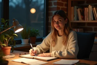 Femme planifiant ses projets dans un journal à la pleine lune, assise dans un bureau à domicile chaleureux