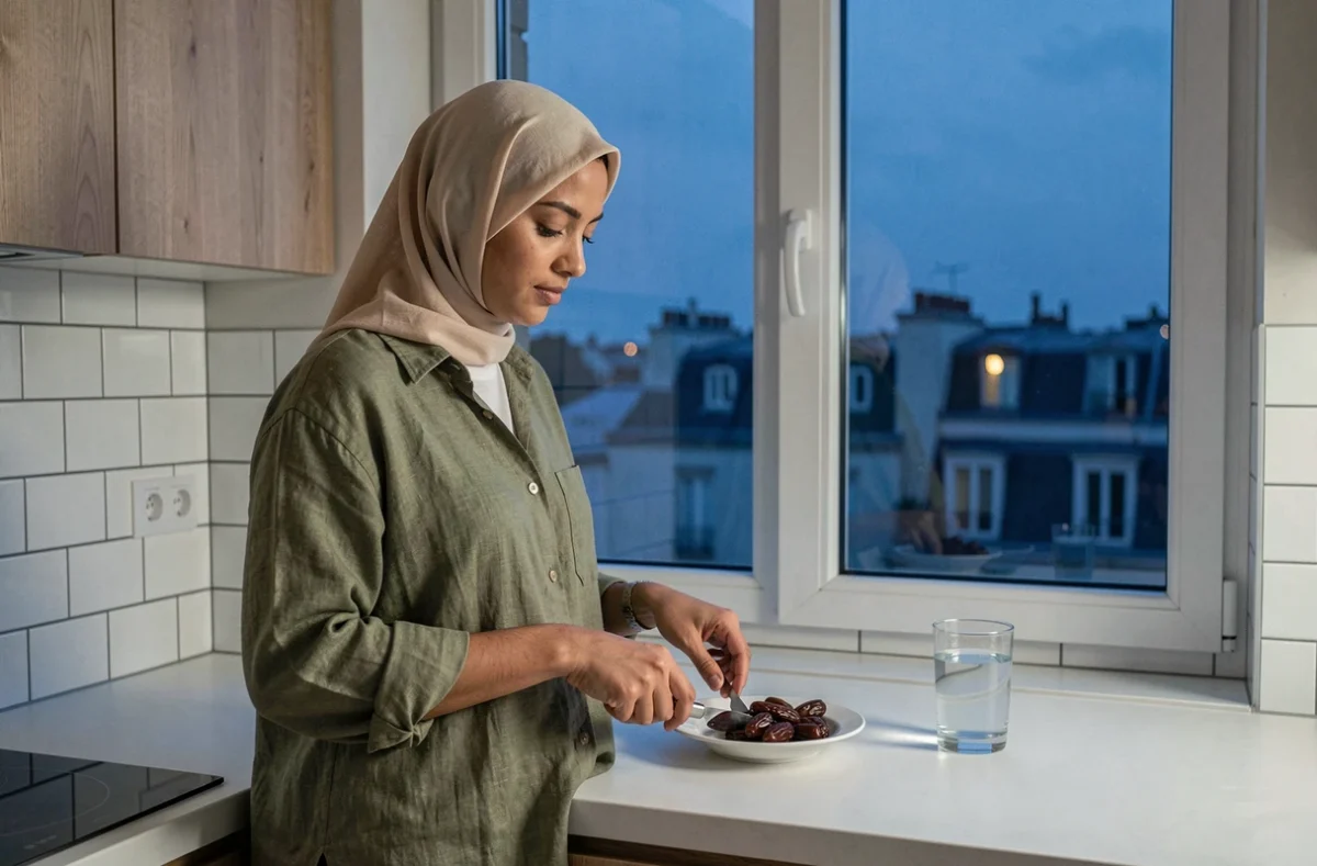 Jeune femme musulmane préparant un repas avant l'aube pendant le mois d'été à Roubaix, routine de prière fajr au quotidien