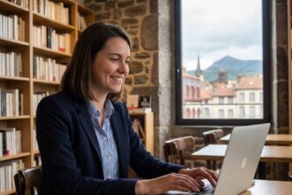 Femme professionnelle souriante dans un café à Clermont-Ferrand