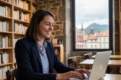 Femme professionnelle souriante dans un café à Clermont-Ferrand