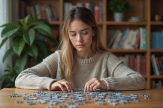 Jeune femme assemble un puzzle dans une cuisine moderne