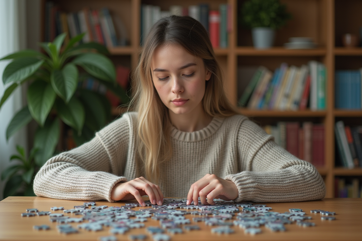 Jeune femme assemble un puzzle dans une cuisine moderne