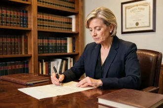 Femme professionnelle rédigeant une lettre formelle à un notaire dans un bureau juridique élégant