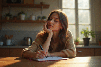 Jeune femme pensant à la maison avec un carnet