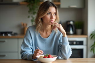 Femme en repas matinal dans une cuisine moderne