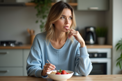 Femme en repas matinal dans une cuisine moderne