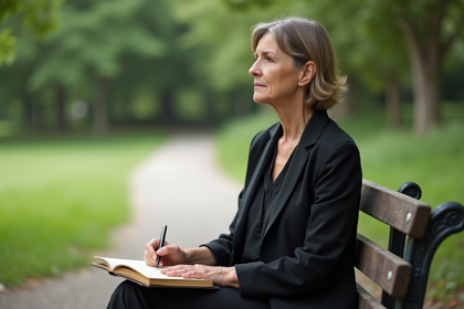 Femme contemplative assise sur un banc dans un parc