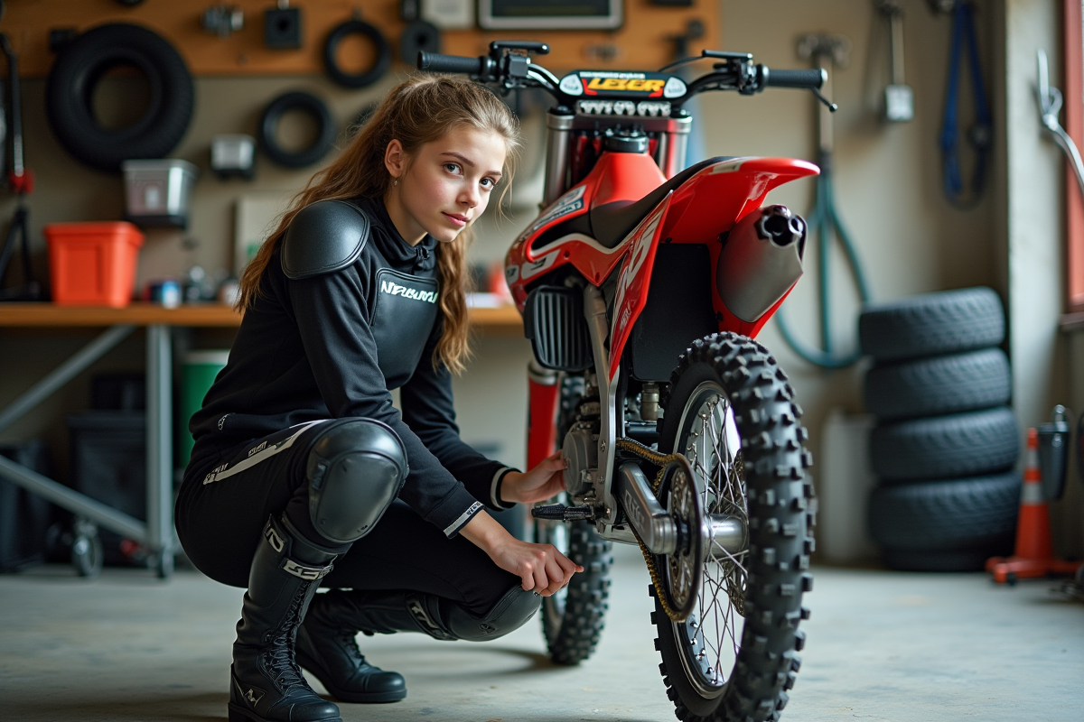 Jeune femme entretenant sa dirt bike dans un garage organisé