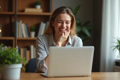 Femme riant devant son ordinateur portable en découvrant une cybercarte animée humoristique