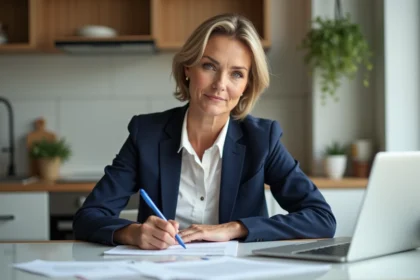 Femme signant une lettre juridique dans une cuisine moderne