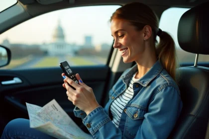 Jeune femme souriante vérifiant une application de voyage dans une voiture